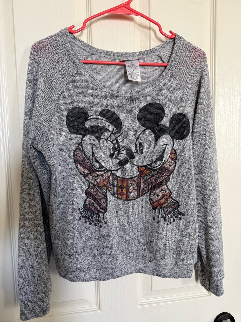 Disney Gray Crewneck Sweater with Mickey & Minnie Scarf Graphic